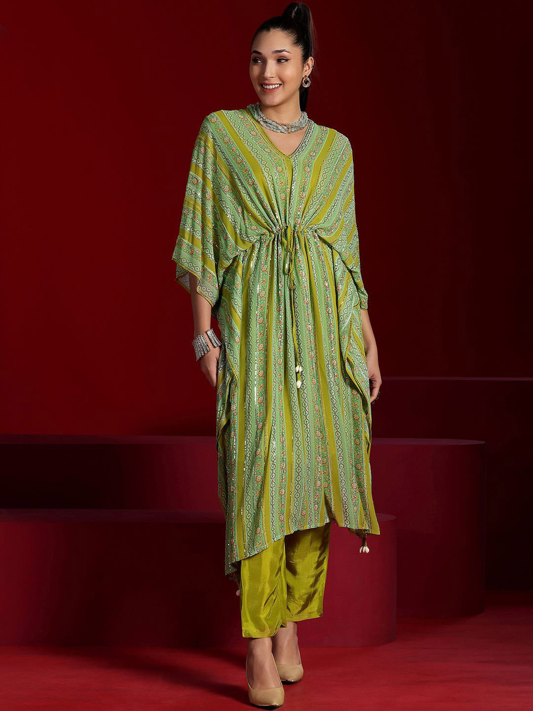 Libas Art Floral Printed V-Neck Kaftan With Dhoti Pants & Inner