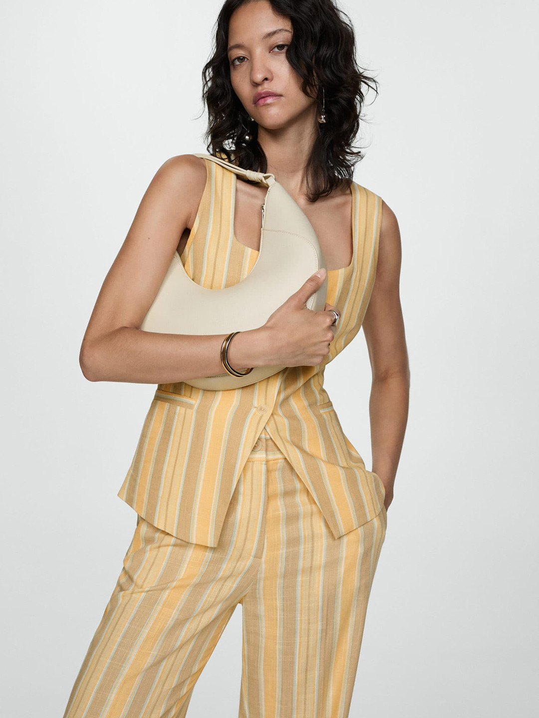 MANGO Striped Waistcoat with Tie-Up Detail
