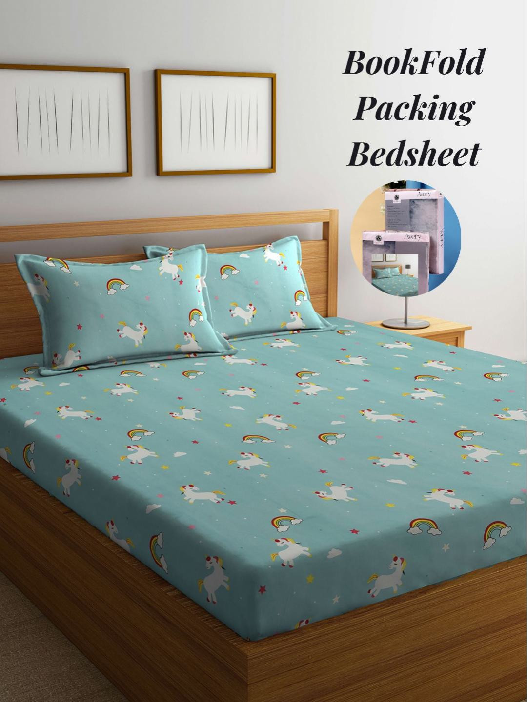 Arrabi Green Cartoon Characters Cotton 300 TC King Fine Bedsheet with 2 Pillow Covers-98 x 85 inches