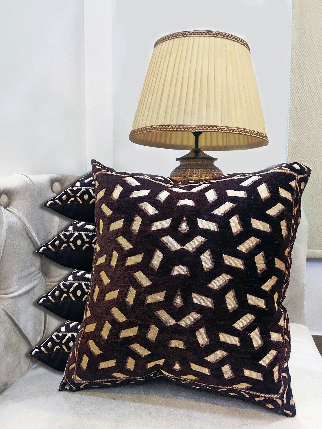 Good Vibes Brown & Cream-Coloured 5 Pieces Geometric Jacquard Square Cushion Covers