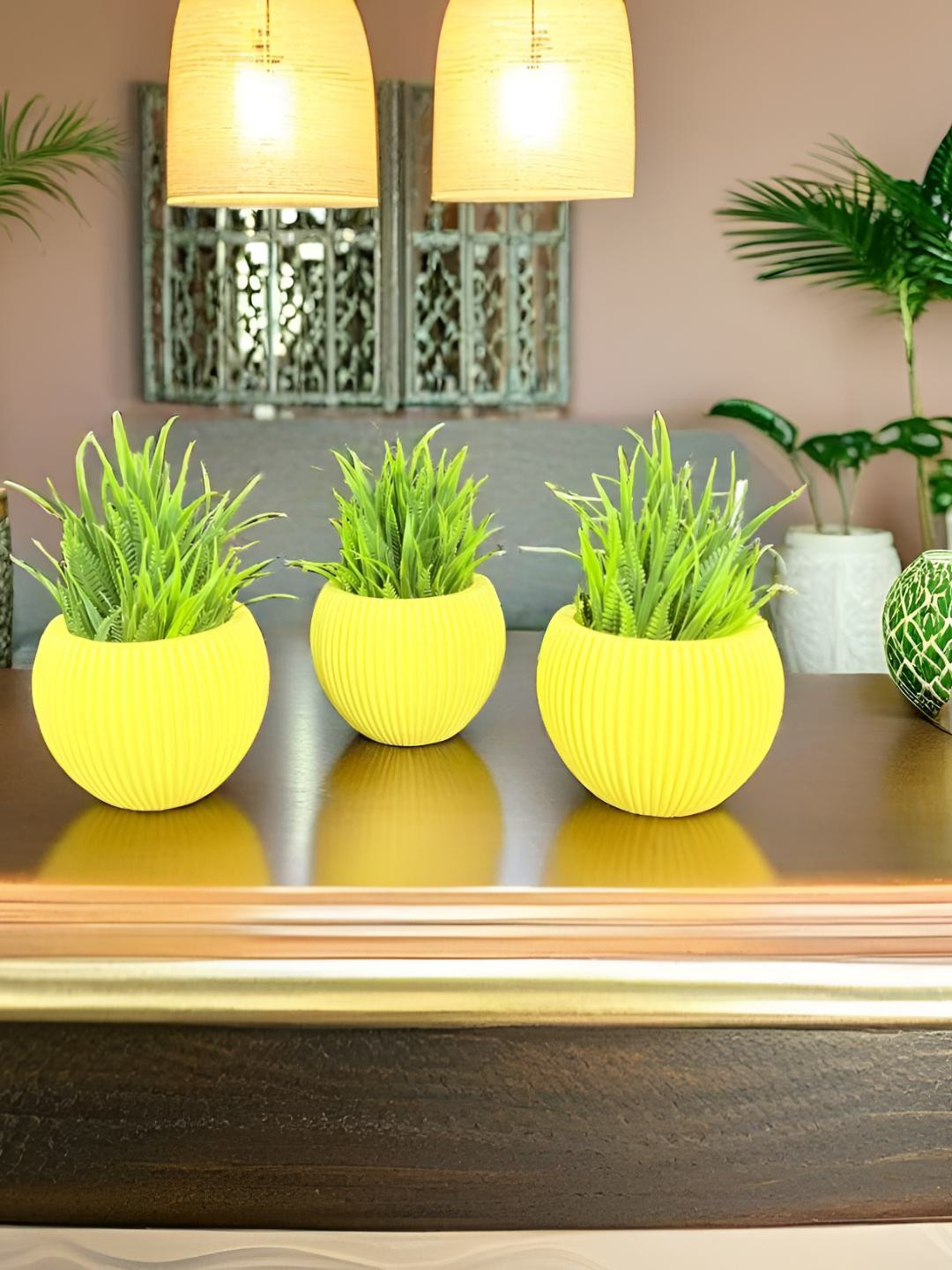 Akaar Yellow 3 Pieces Fern Artificial Plant With Pot