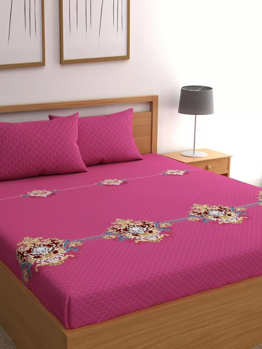 UrbanArts Egyptian Magenta Floral Cotton 380 TC King Superfine Bedsheet with 2 Pillow Covers-105 x 105 inches