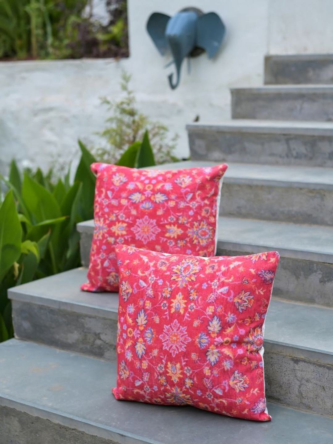 ABSTRACT INDIA Blue & Pink Floral Cotton Square Cushion Cover