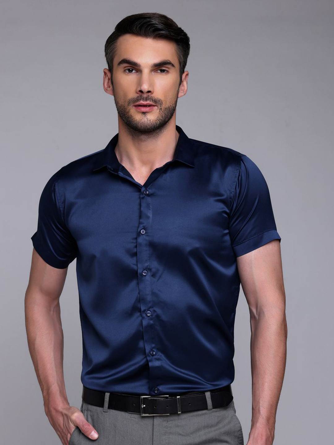FILO HEVIS Men Classic Spread Collar Solid Half Formal Shirt