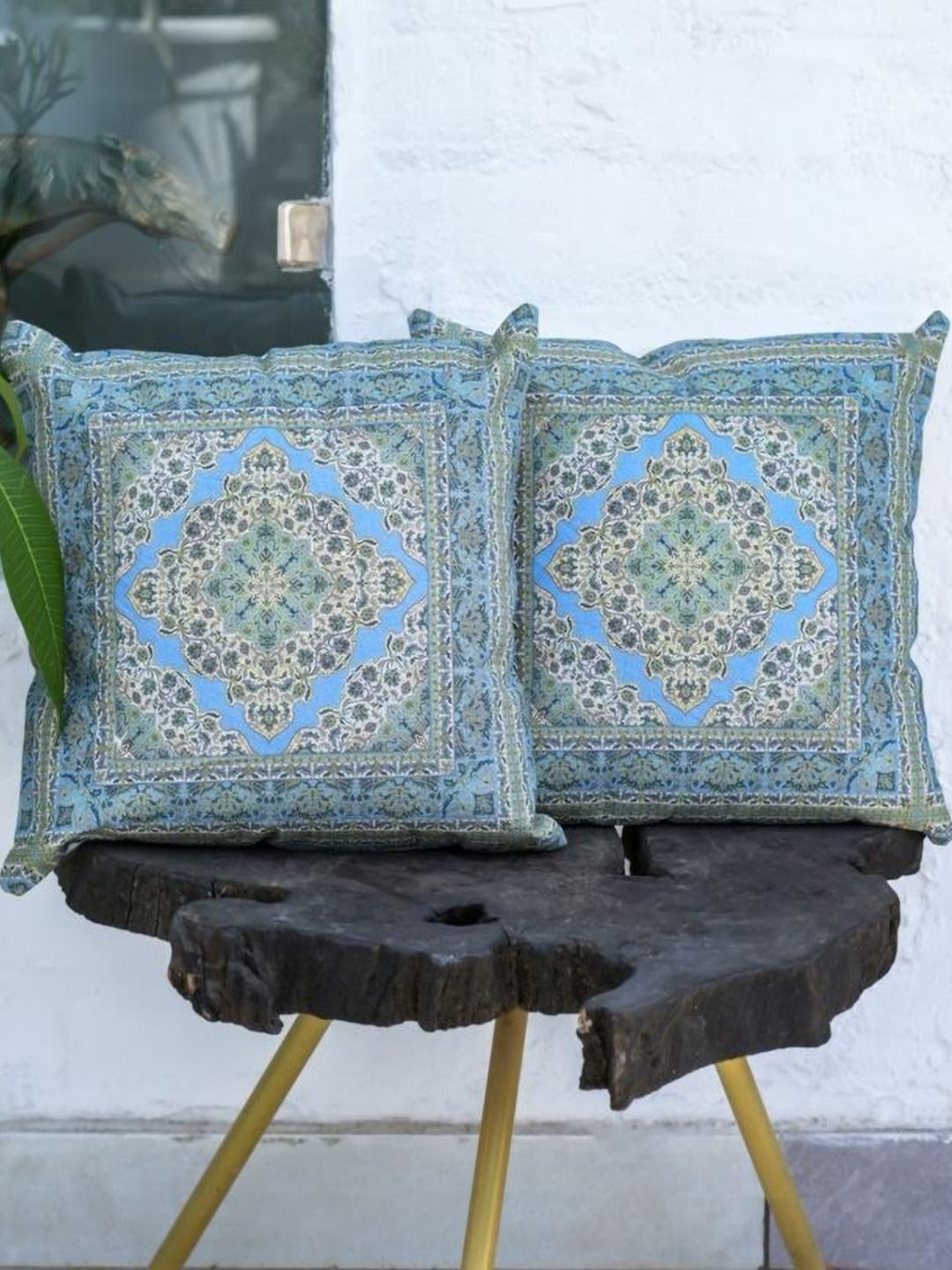 ABSTRACT INDIA Turquoise Blue & Grey 2 Pieces Printed Cotton Square Cushion Covers