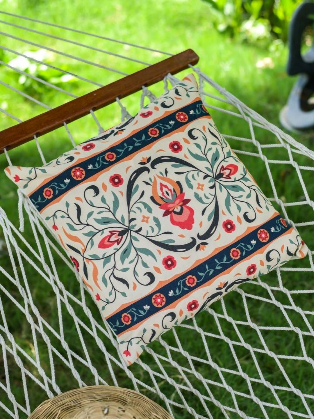 ABSTRACT INDIA Cream & Green Floral Cotton Square Cushion Cover