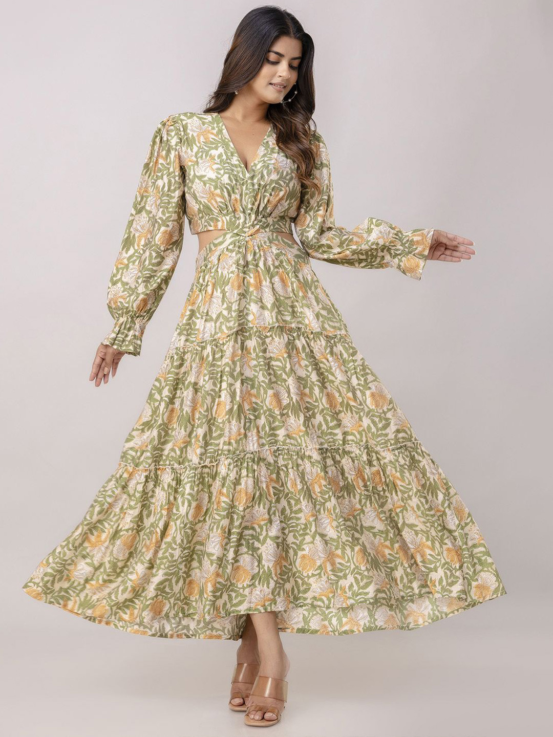Aawari Floral Printed V-Neck Bell Sleeves Tiered Maxi Dress