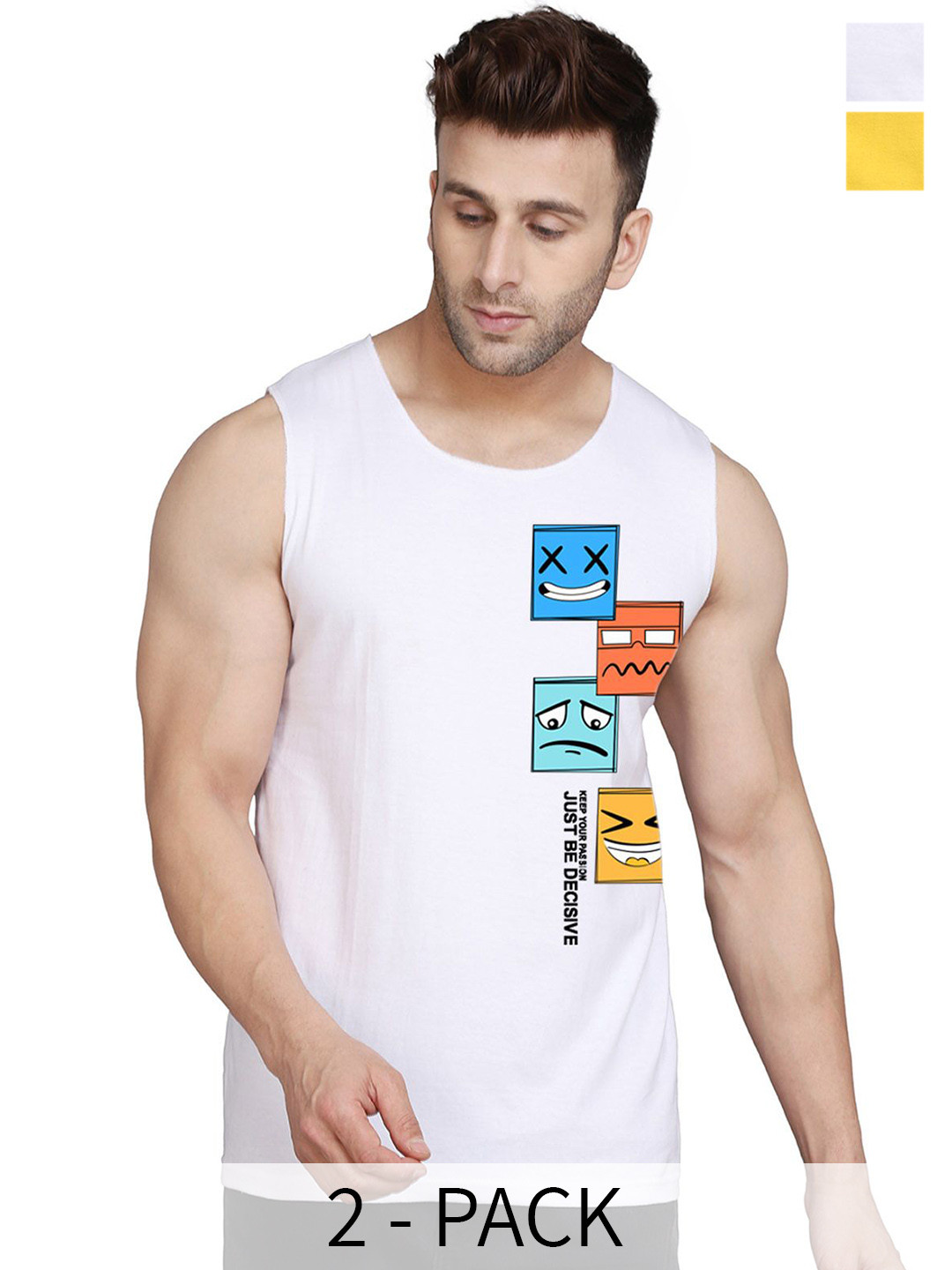 SLOWLORIS Pack Of 2 Printed Cotton Gym VestsSL26 COMBO (LOUD YELLOW) (JUST WHITE)