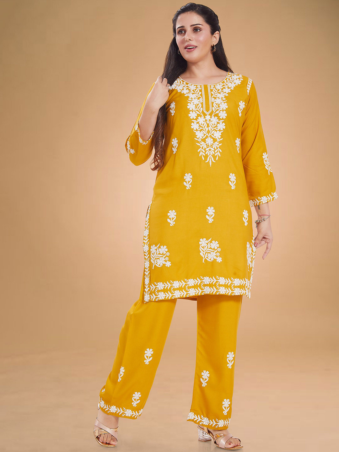 Rani Saahiba Floral Embroidered Chikankari Straight Kurta with Trousers
