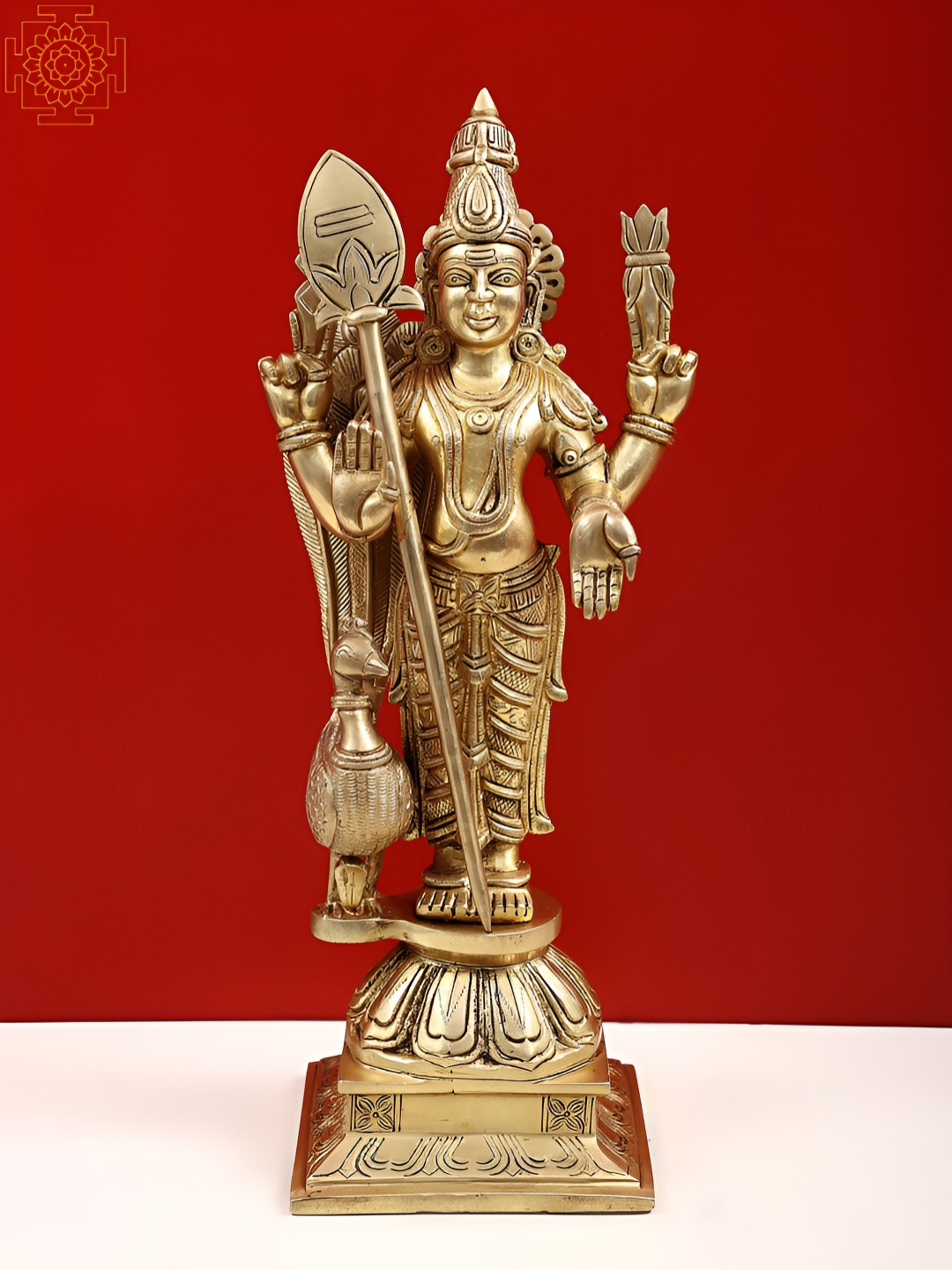 Exotic India Four Armed Standing Lord Karttikeya with Peacock Gold Brass Metallic Prayer Room Medium Showpiece - 14.2 Inches