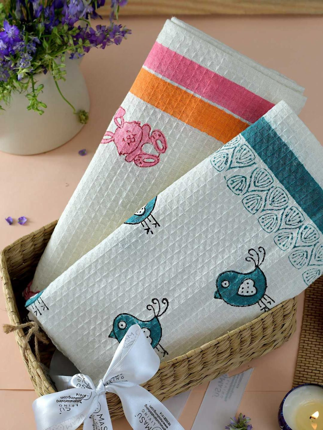 MASU LIVING White & Orange 2 Pieces Bird Printed Pure Cotton 380 GSM Bath Towels