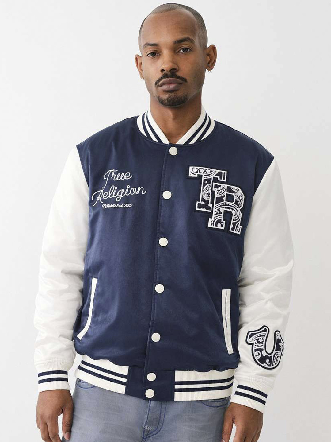 True Religion Men Crop Varsity Jacket with Patchwork