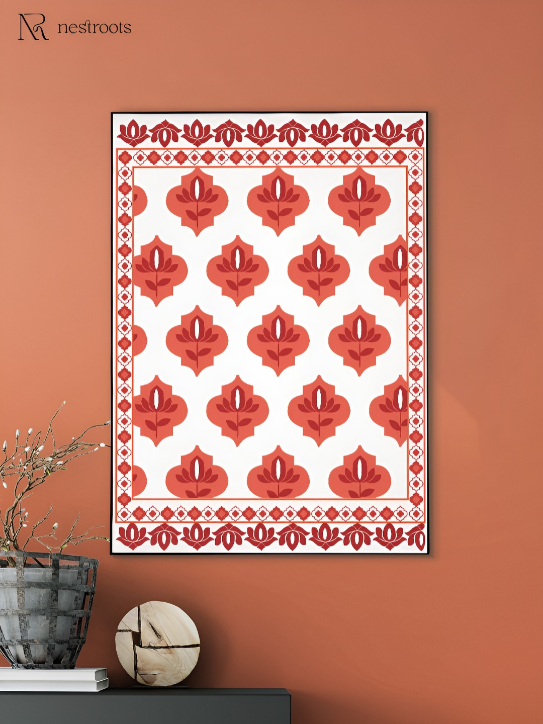 nestroots White & Orange Mughal Bazaar Floral Wooden Painting Wall Art