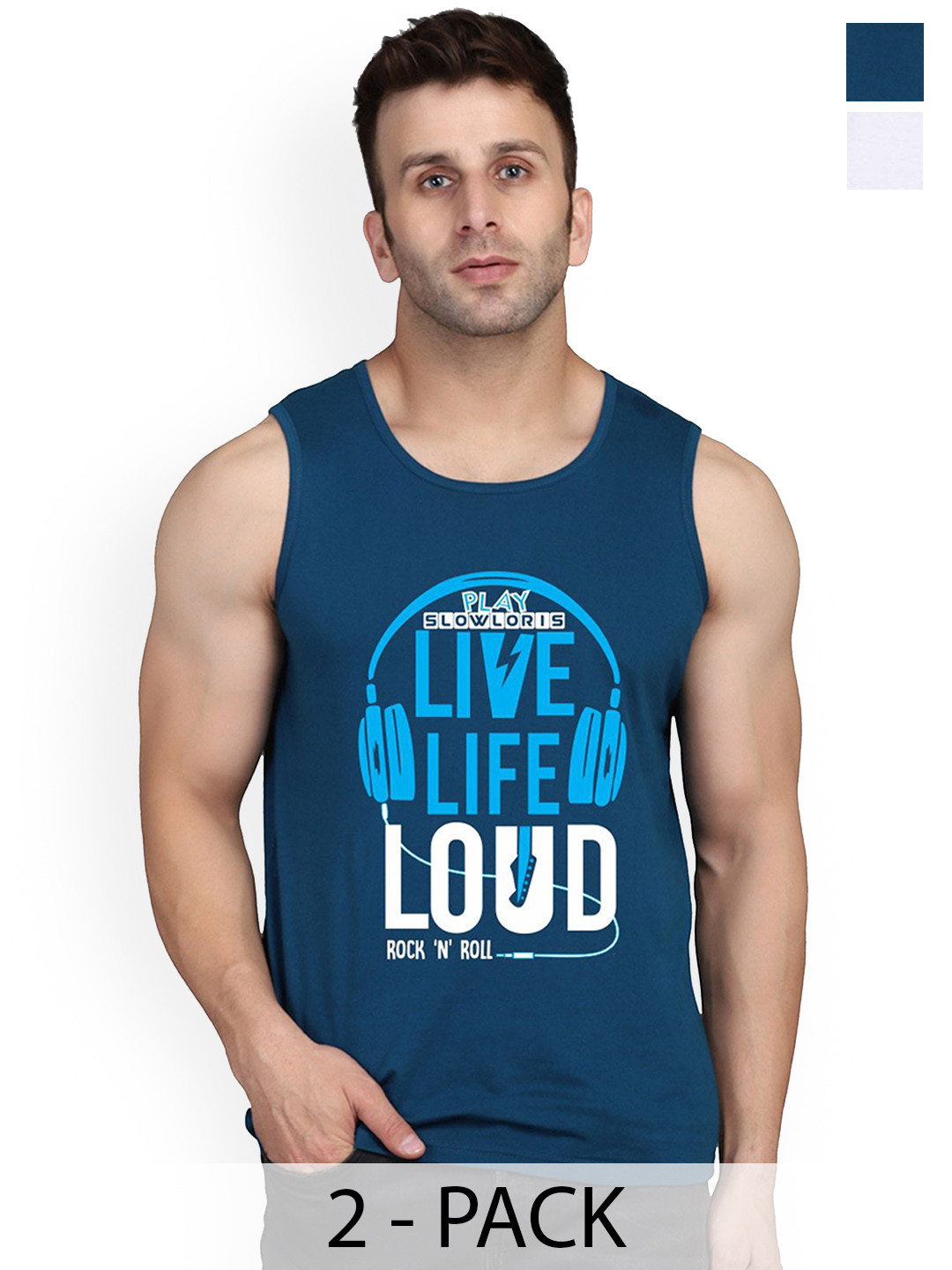 SLOWLORIS Pack Of 2 Printed Cotton Innerwear Vests-SL26 COMBO (LOUD PEACOCK) (JUST WHIT)