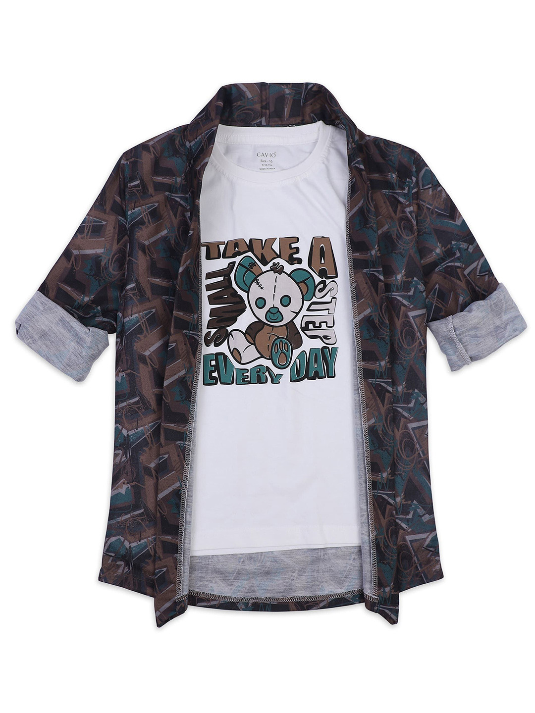 CAVIO Boys Geometric Printed Shawl Collar Jacket With T-shirt