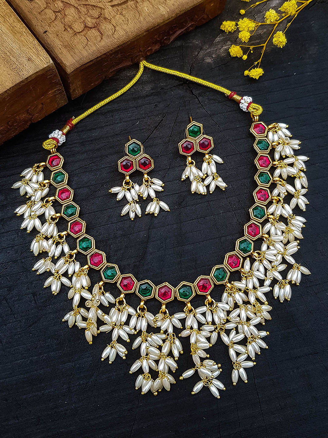 GRIIHAM Gold-Plated Antique Cubic Zirconia Stone-Studded & Beaded Details Jewellery Set