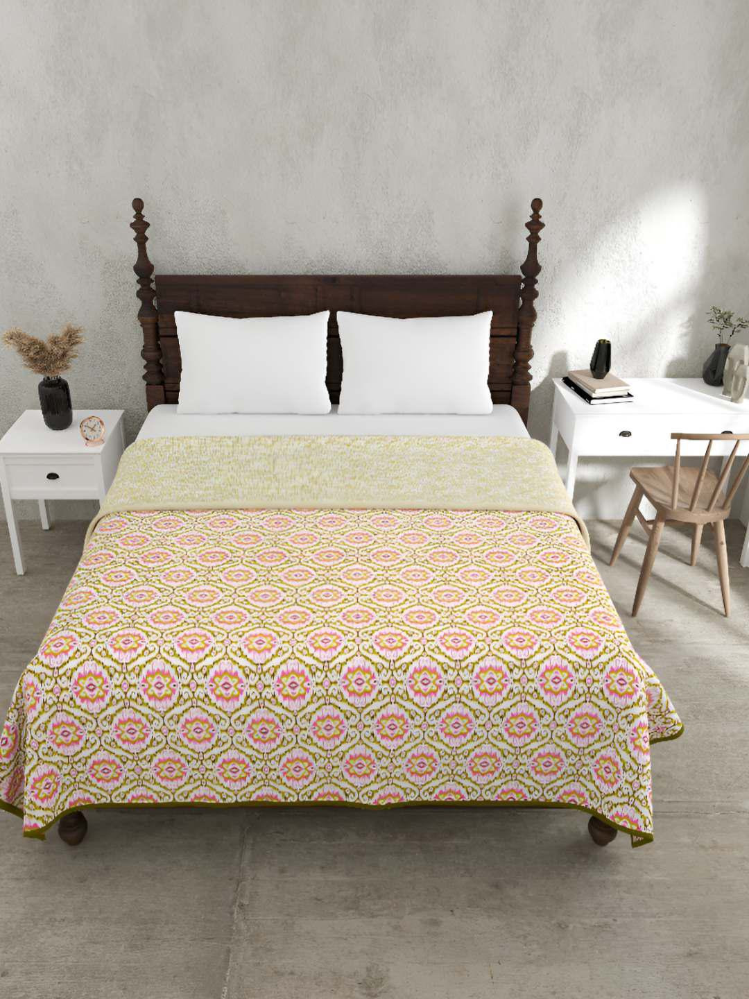 BED-SHEET.COM Green Abstract Pure Cotton 150 GSM Double Bed Dohar & 2 Pillow Covers