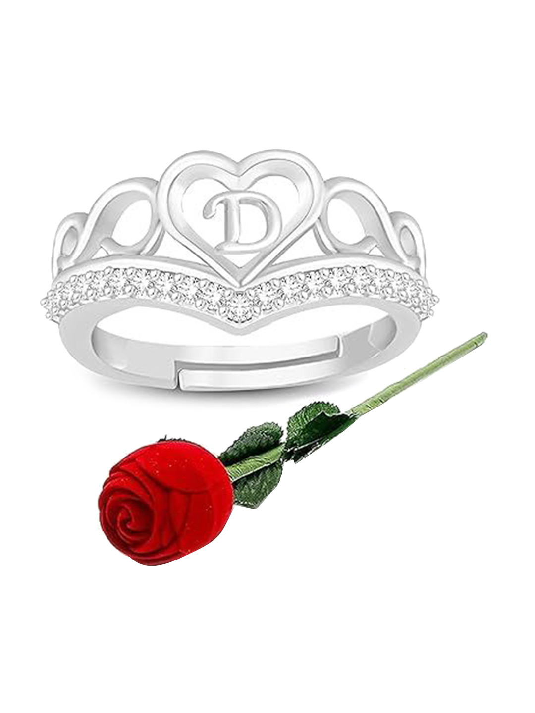 Lila Silver-Plated Cubic Zirconia-Studded Heart Alphabet D Adjustable Finger Ring