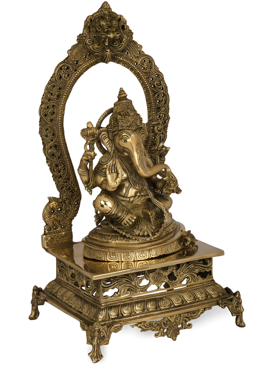 Exotic India Lord Ganesha Seated on Prabhawali Throne Gold Brass Metallic Prayer Room Hand Made Large Showpiece - 21.2 Inches