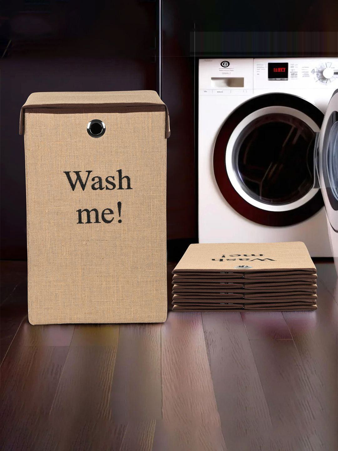 Kuber Industries 5 Pcs Brown Printed Foldable Laundry Baskets With Ring-75-L