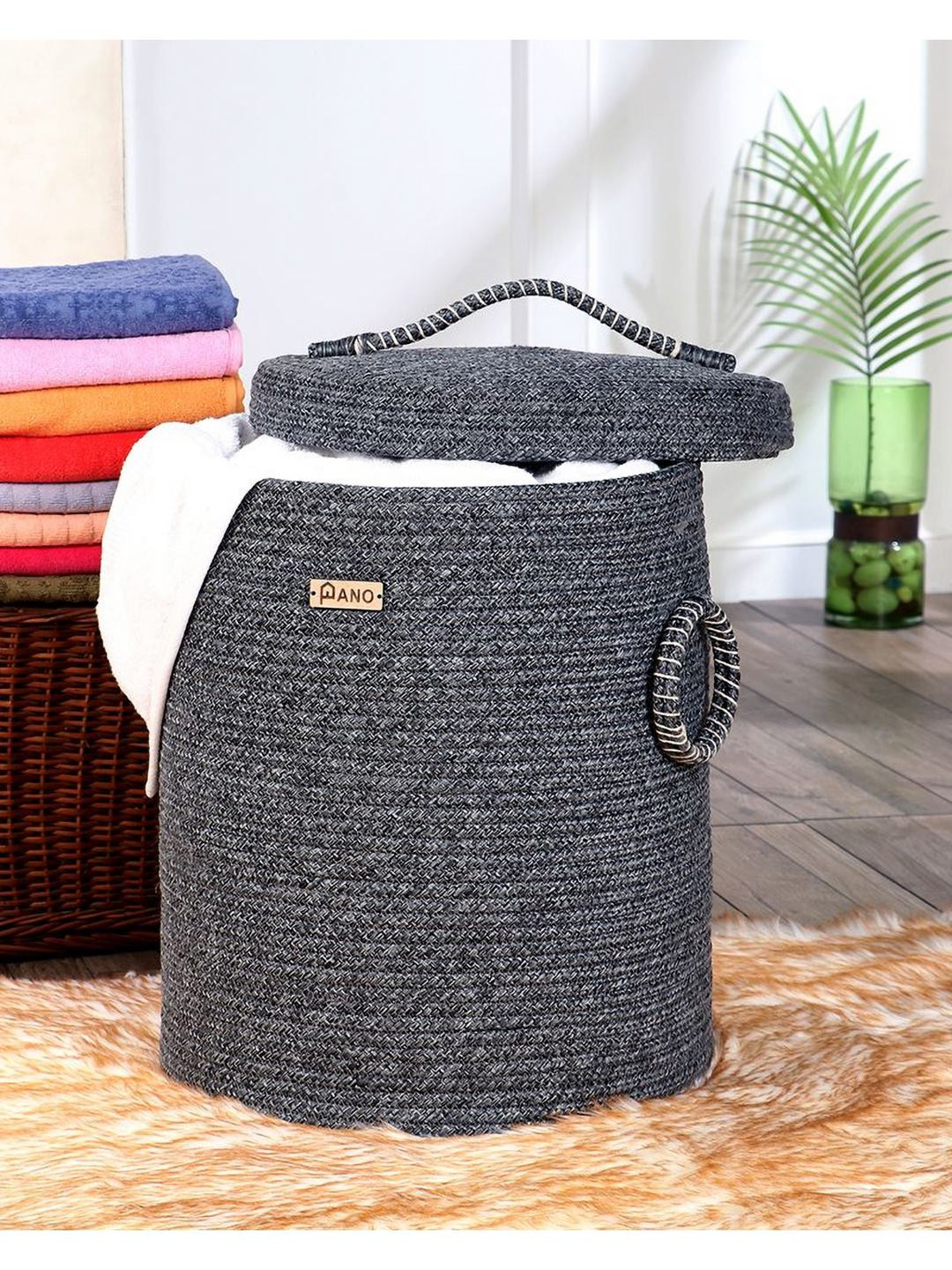 Pano Grey Textured Laundry Bag With Lid