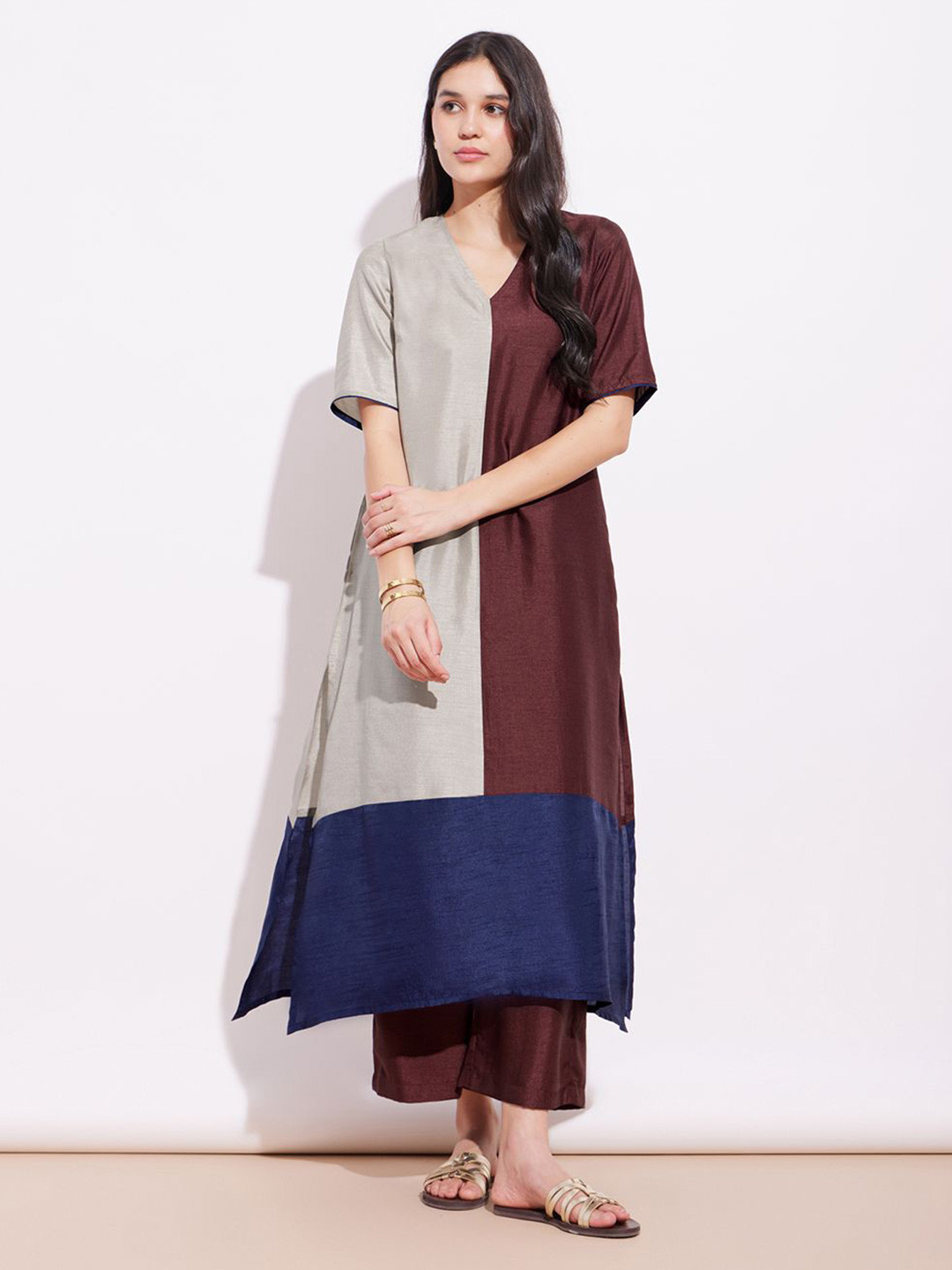 Pink Fort Colourblocked A-Line Kurta with Trousers