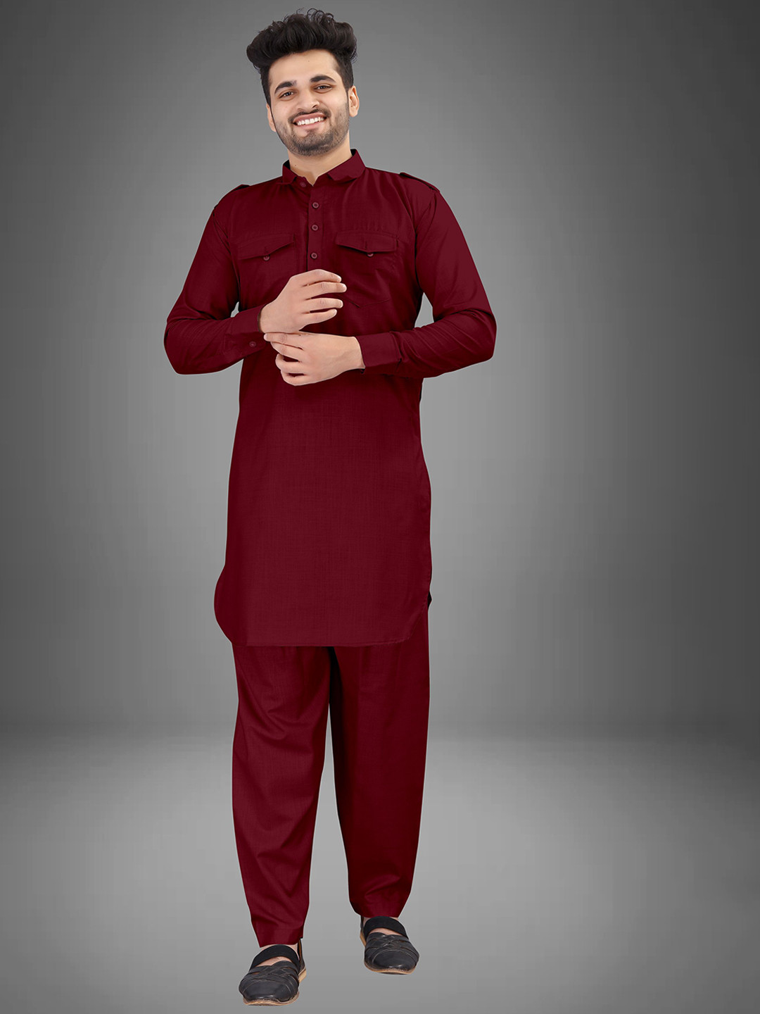 trustous Shirt Collar Pocket Detailing Pure Cotton Pathani Curved Kurta With Salwar