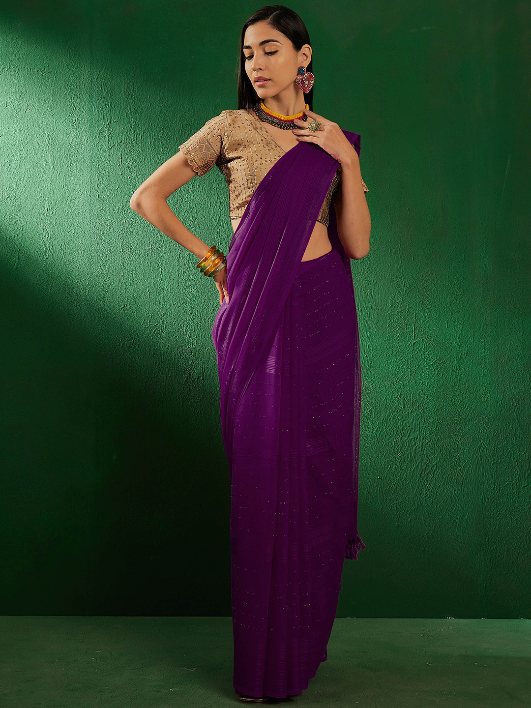 SHADOW & SAINING Embellished Embroidered Silk Blend Saree