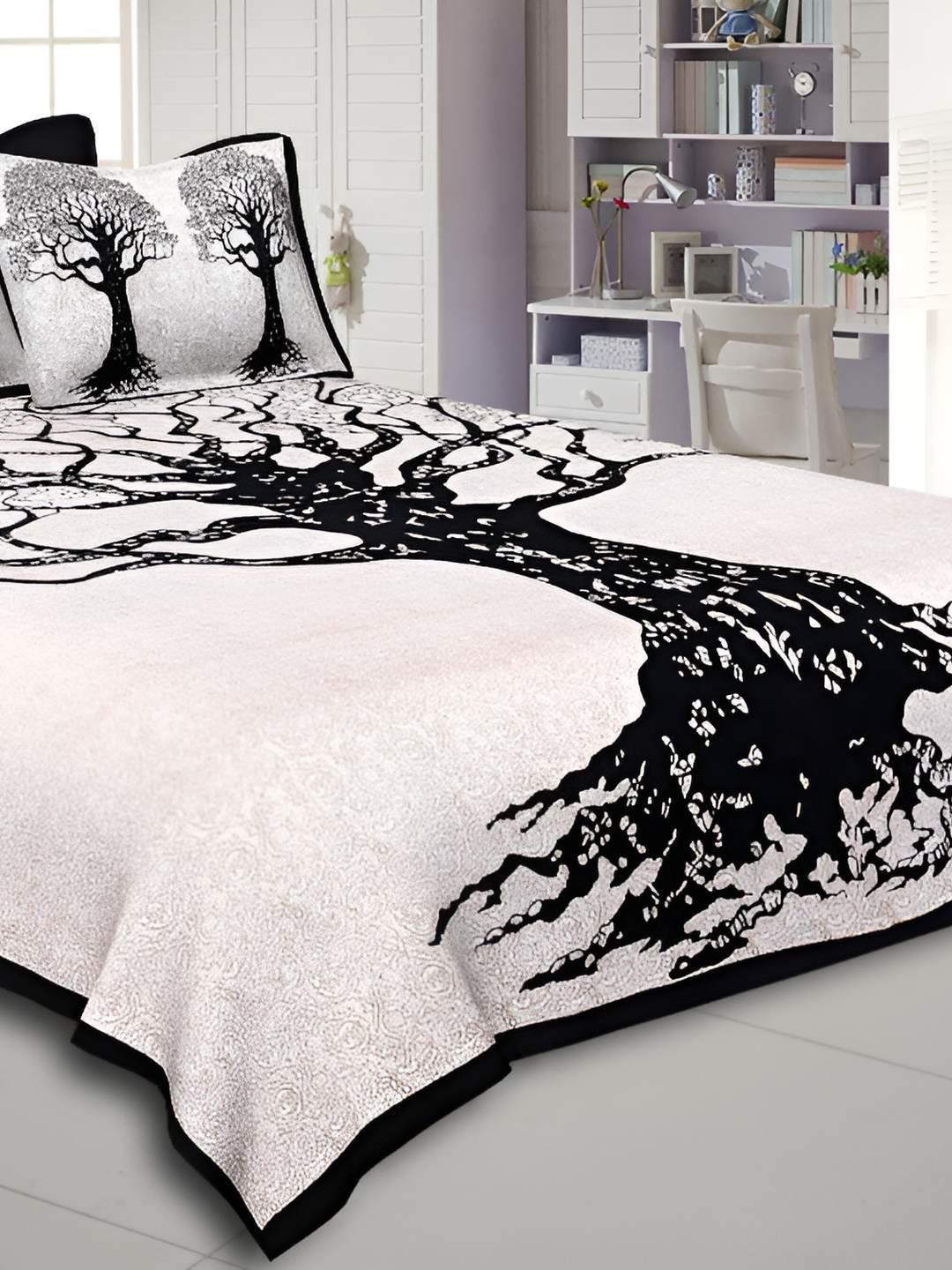 BED-SHEET.COM Black Graphic Cotton 144 TC King Bedsheet with 2 Pillow Covers-107 x 89 inches