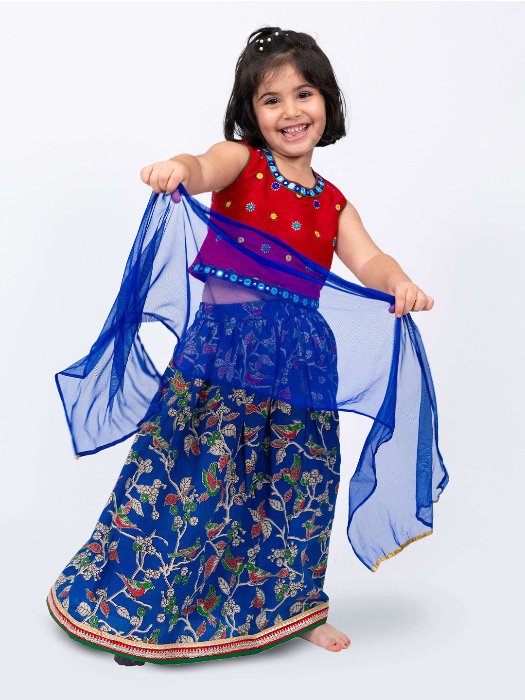 Twisha Girls Embroidered Top with Printed Ghagra & Dupatta Set