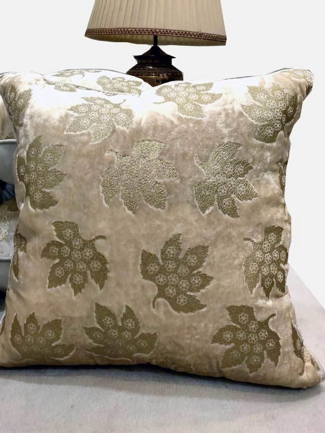 Good Vibes Gold-Toned & Off White 3 Pieces Floral Self Design Velvet Square Cushion Covers