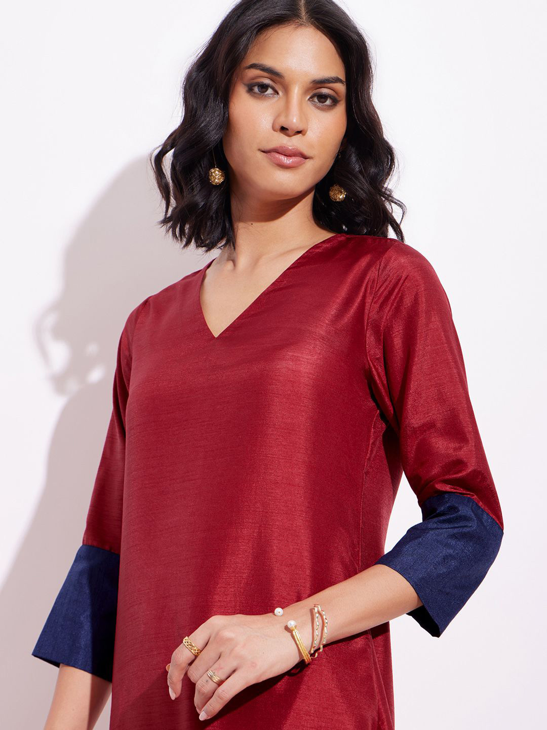 Pink Fort Red & Blue Silk Blend Colourblock Kurta Set