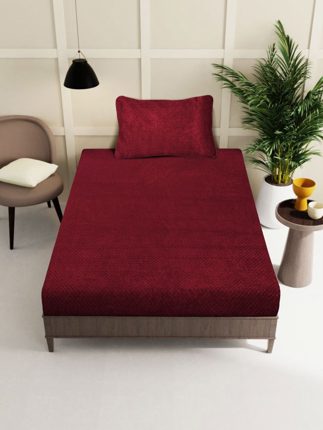 KLOTTHE Red Solid Fitted 300 TC Woolen Single Bedsheet with 1 Pillow Cover