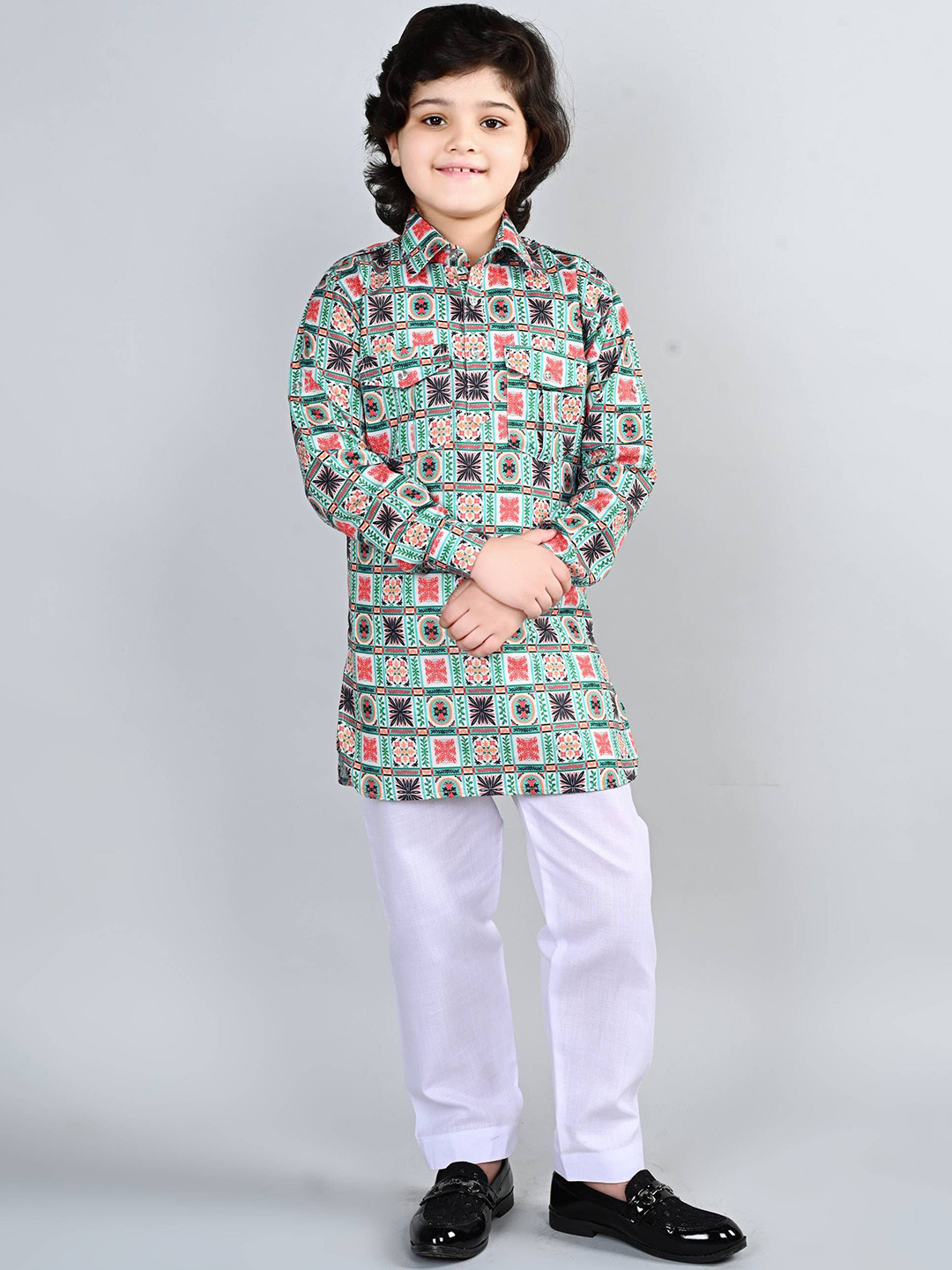 ahhaaaa Boys Ethnic Motifs Printed Shirt Collar Pathani Kurta With Pyjama