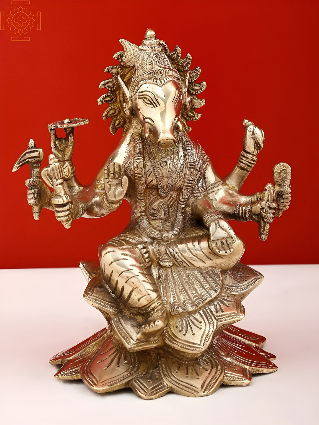 Exotic India Goddess Varahi Gold Brass Metallic Prayer Room Hand Made Medium Showpiece - 8.7 Inches