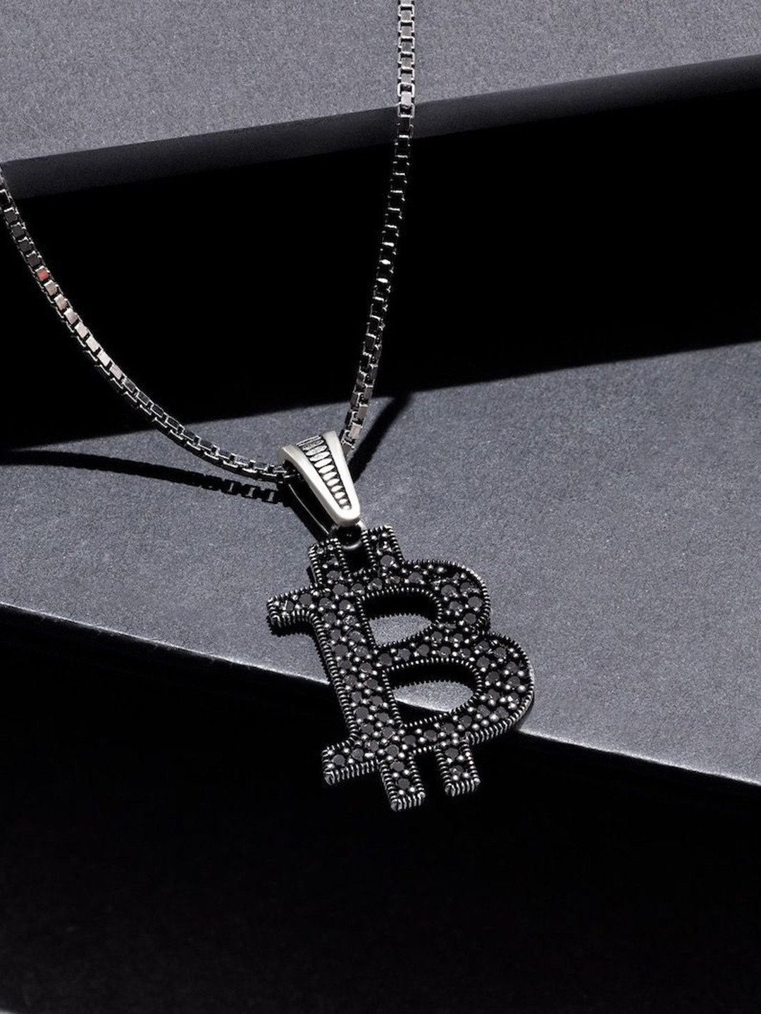 ORIONZ Bitcoin Monogram Stones Studded Oxidised Silver Pendant
