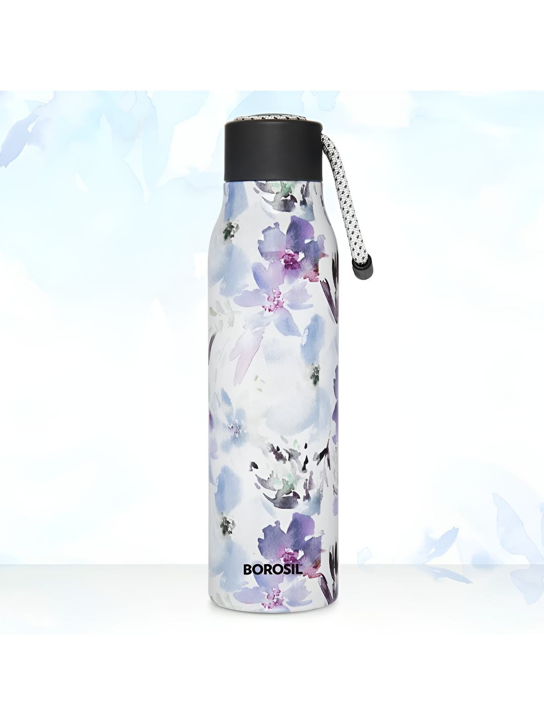 BOROSIL Hydra Aquasoul White Floral Stainless Steel Double Wall Vacuum Flask - 600ml