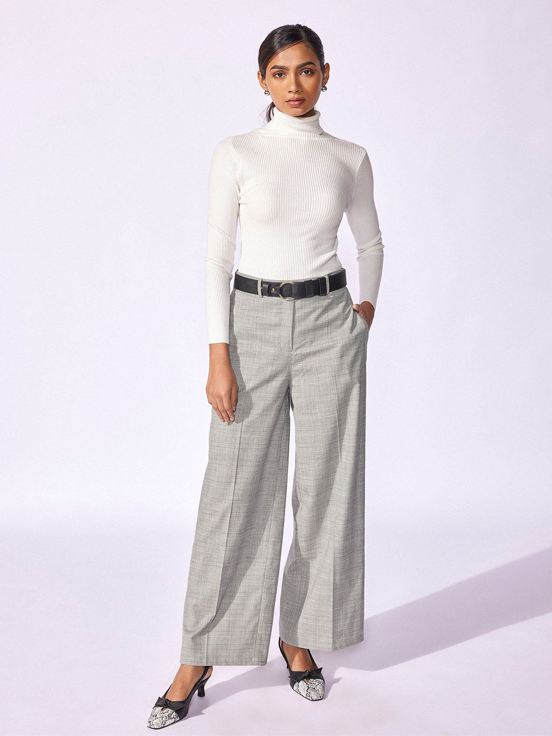 The Label Life Women Checked Flared Wide Leg Trousers