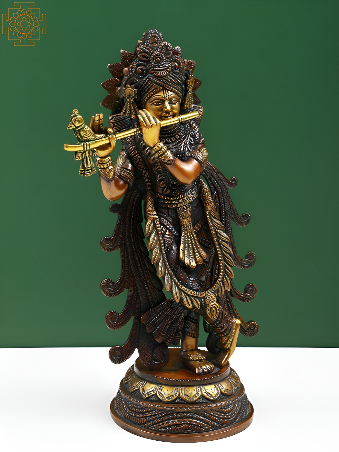 Exotic India Lord Krishna Playing Flute Brown Brass Metallic Prayer Room Medium Showpiece - 13 Inches