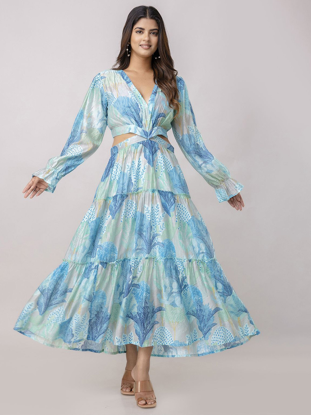 Aawari Floral Printed V-Neck Bell Sleeves Tiered Maxi Dress