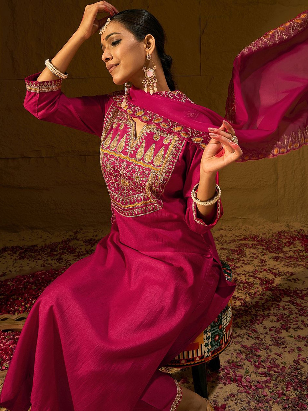 Indo Era Ethnic Motifs Embroidered Sequinned Liva Straight Kurta With Trousers & Dupatta - Kurta Sets for Women 30498924 | Myntra