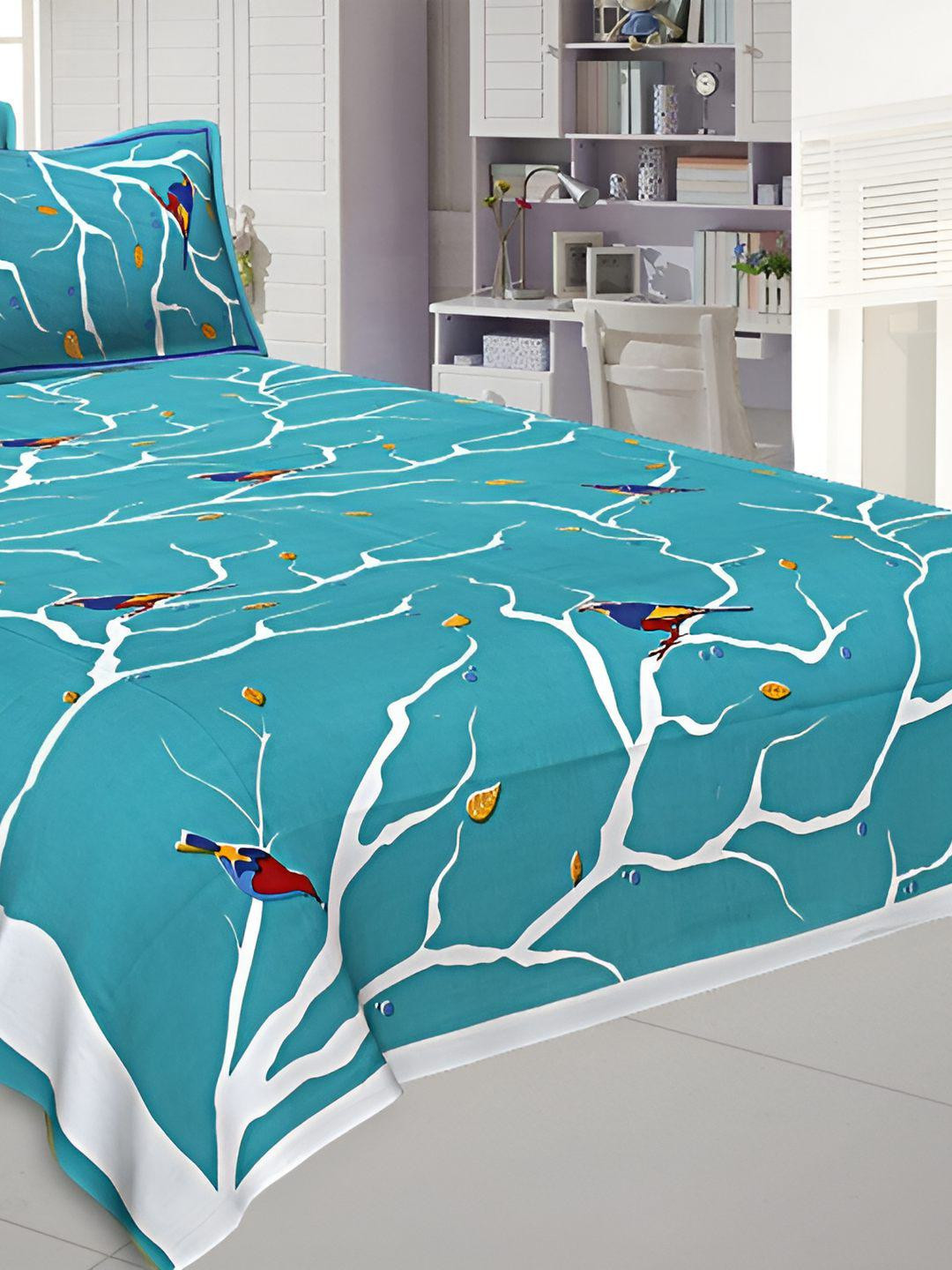 BED-SHEET.COM Bdc-Dbs1483 Blue Ethnic Motifs Pure Cotton 144 TC King Bedsheet with 2 Pillow Covers-272 x 225 cm