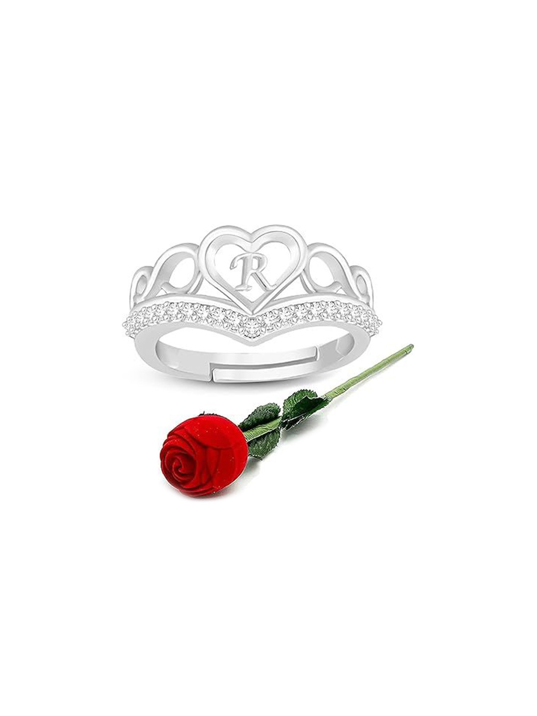 Lila Silver-Plated Cubic Zirconia-Studded Heart Alphabet R Adjustable Finger Ring