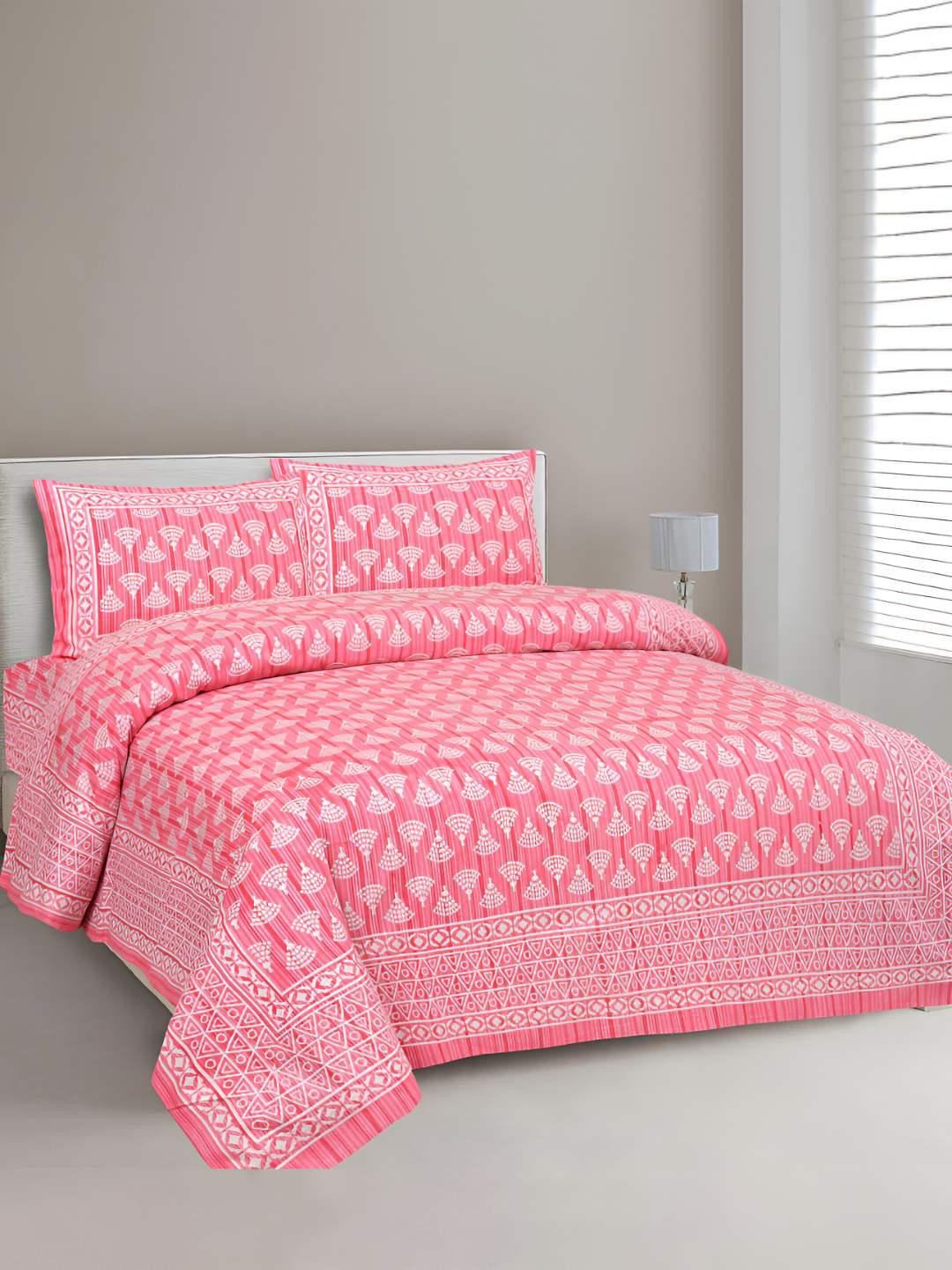 BED-SHEET.COM Pink Ethnic Motifs Cotton 250 TC King Fine Bedsheet with 2 Pillow Covers-107 x 89 inches