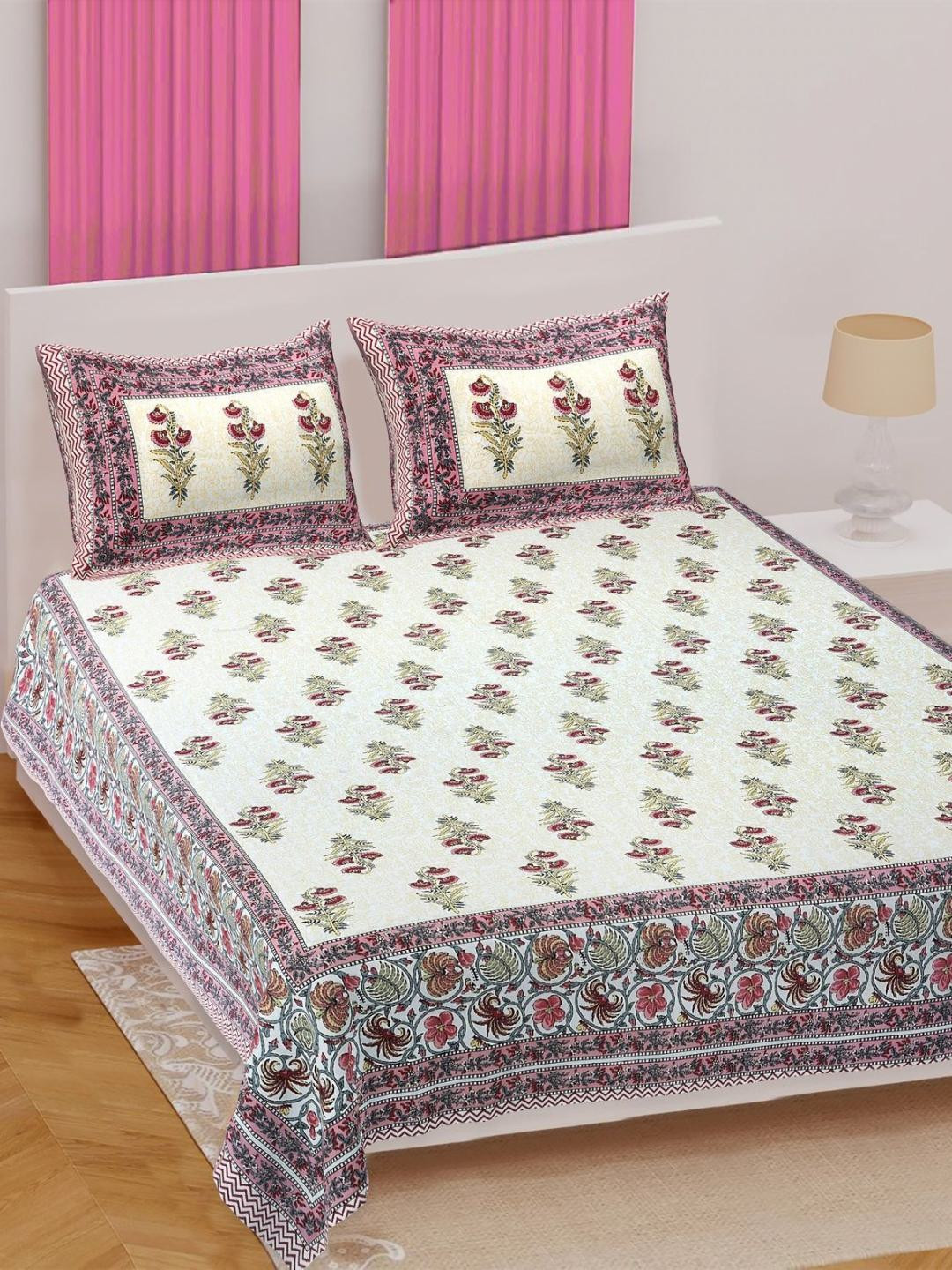 Texstylers Pink Floral Cotton 186 TC Queen Bedsheet with 2 Pillow Covers-120 x 230cm