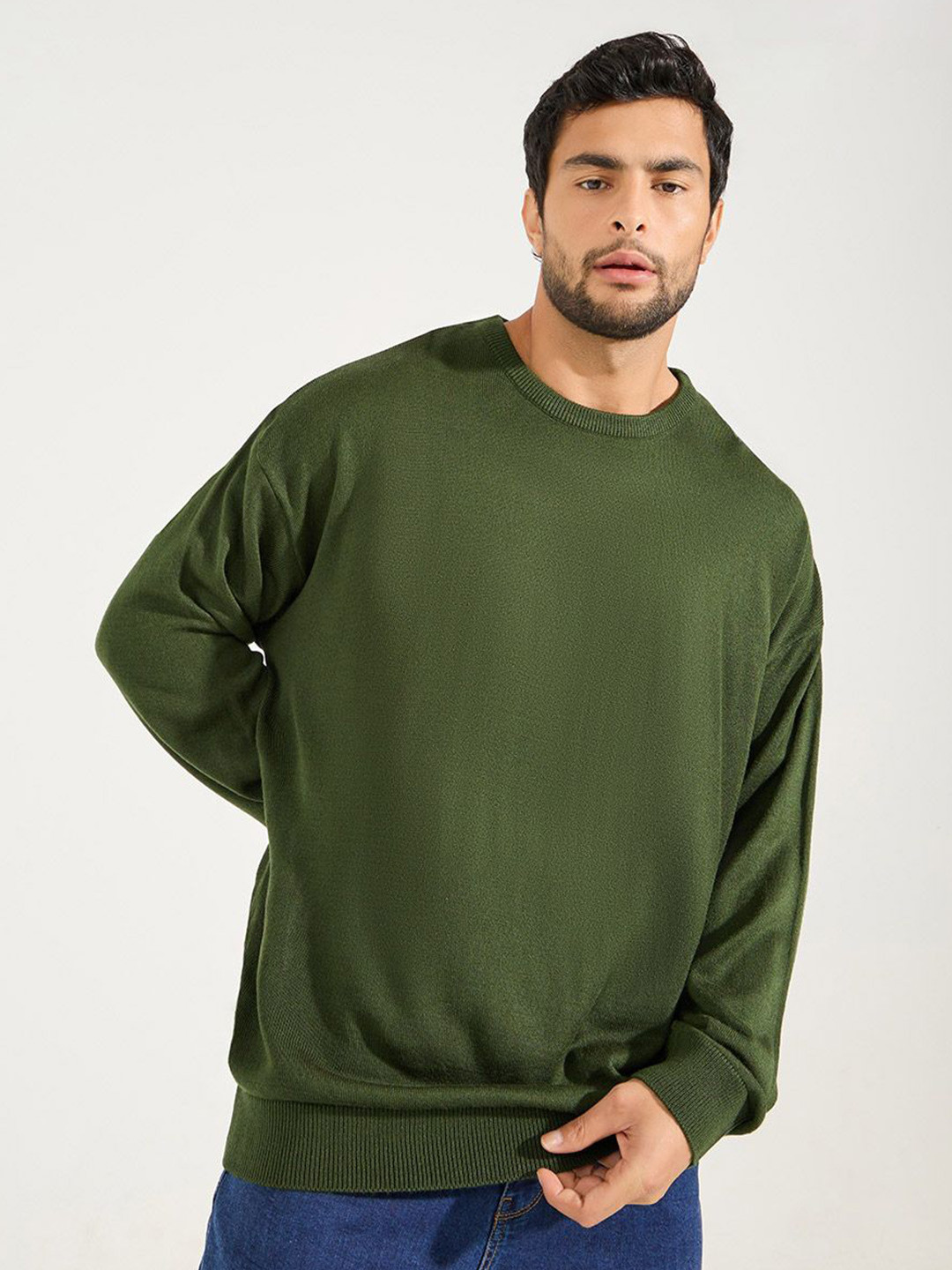 Styli Olive Green Relaxed Fit Crew Neck Light Weight Ribbed Acrylic Pullover Sweater