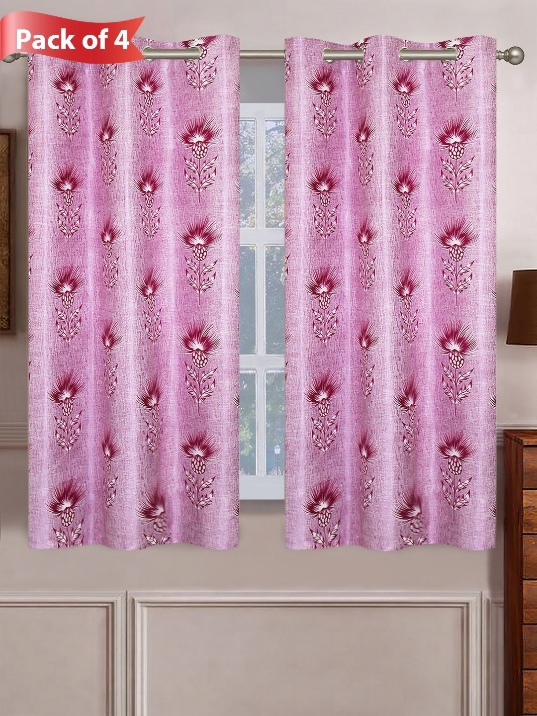 Aura Purple & White Set of 4 Floral Room Darkening Window Curtains and Sheers