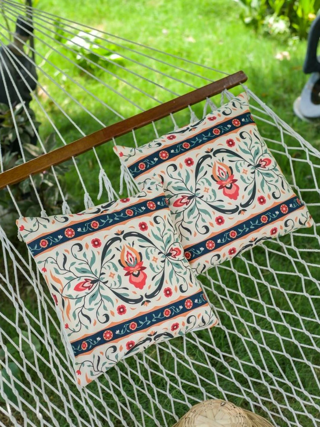 ABSTRACT INDIA Cream & Green 2 Pieces Printed Cotton Square Cushion Covers