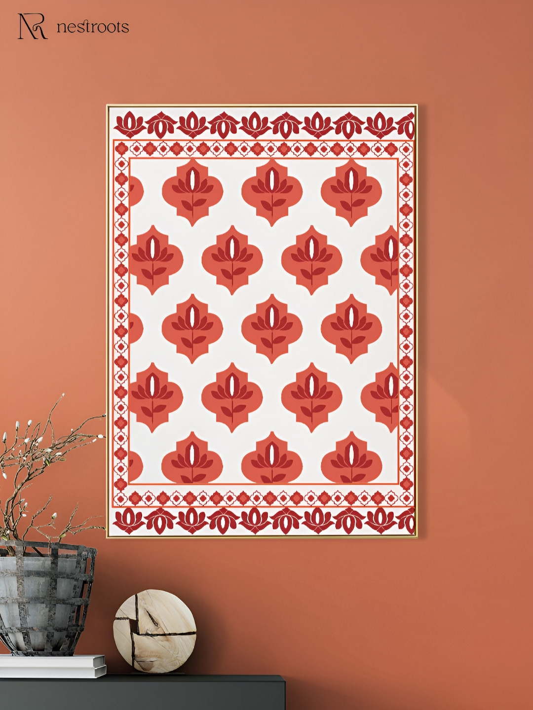 nestroots White & Red Mughal Bazaar Floral Wooden Painting Wall Art