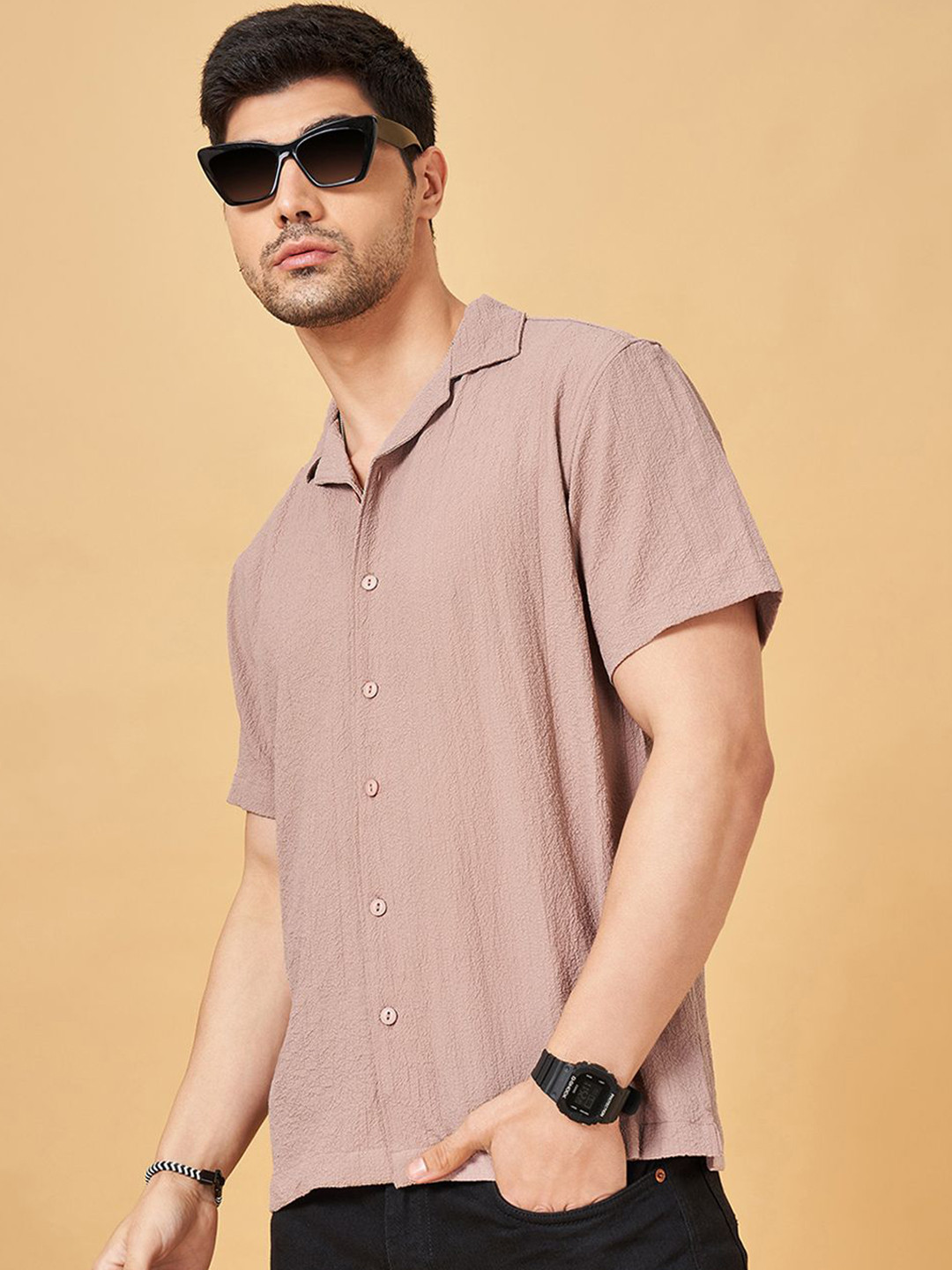 People Men Cuban Collar Solid Slim Fit Casual Shirt